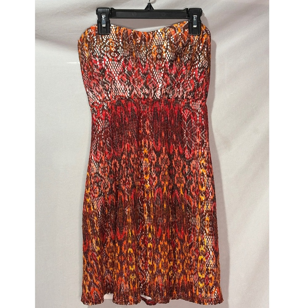 My Michelle Strapless Lace Mini Dress Orange Red Ikat Print Size 7 Sweetheart